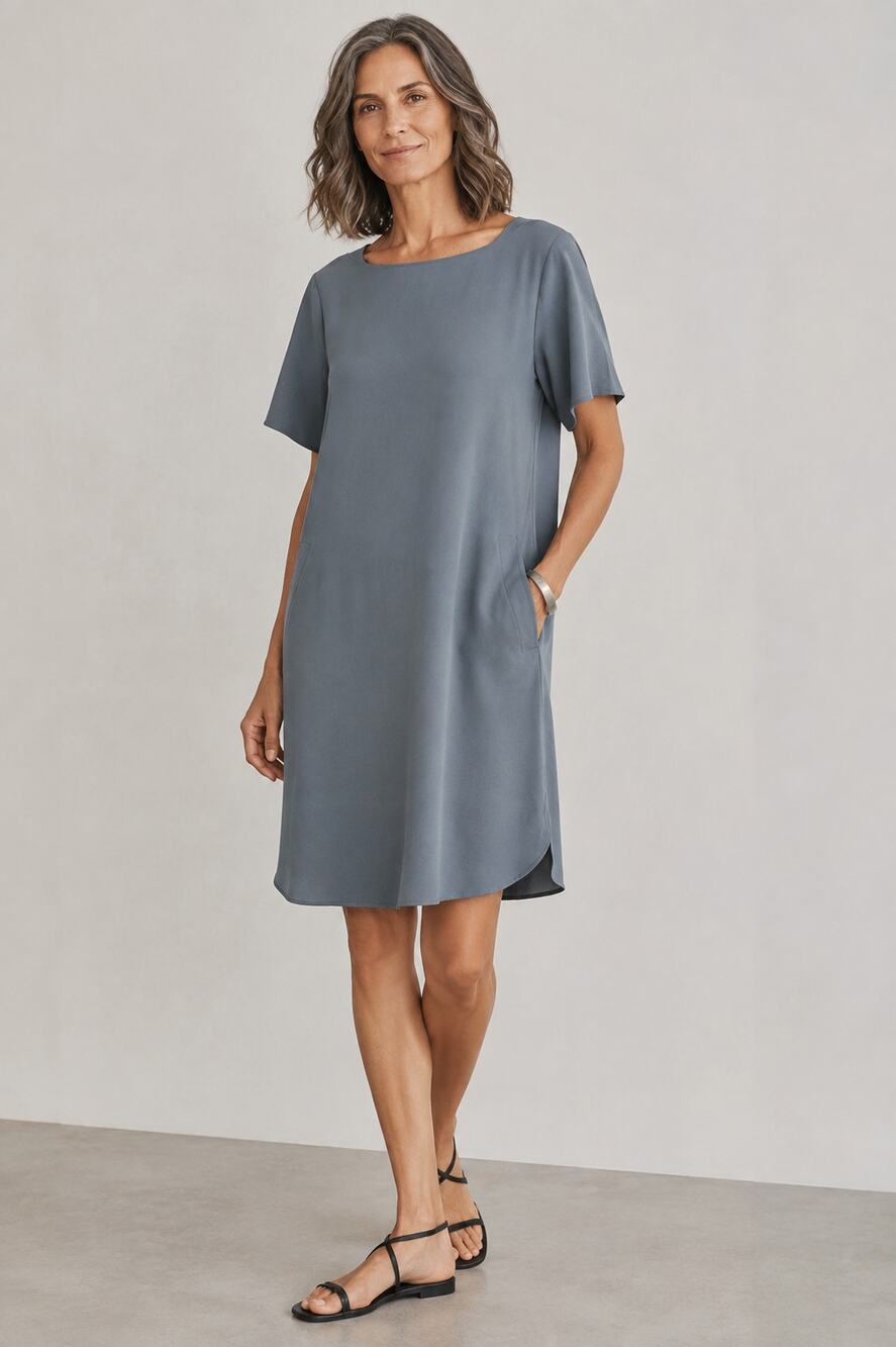 Eileen Fisher SZ M 100% Spun Silk Jersey Short Sleeve Dress Pockets Smoky Blue